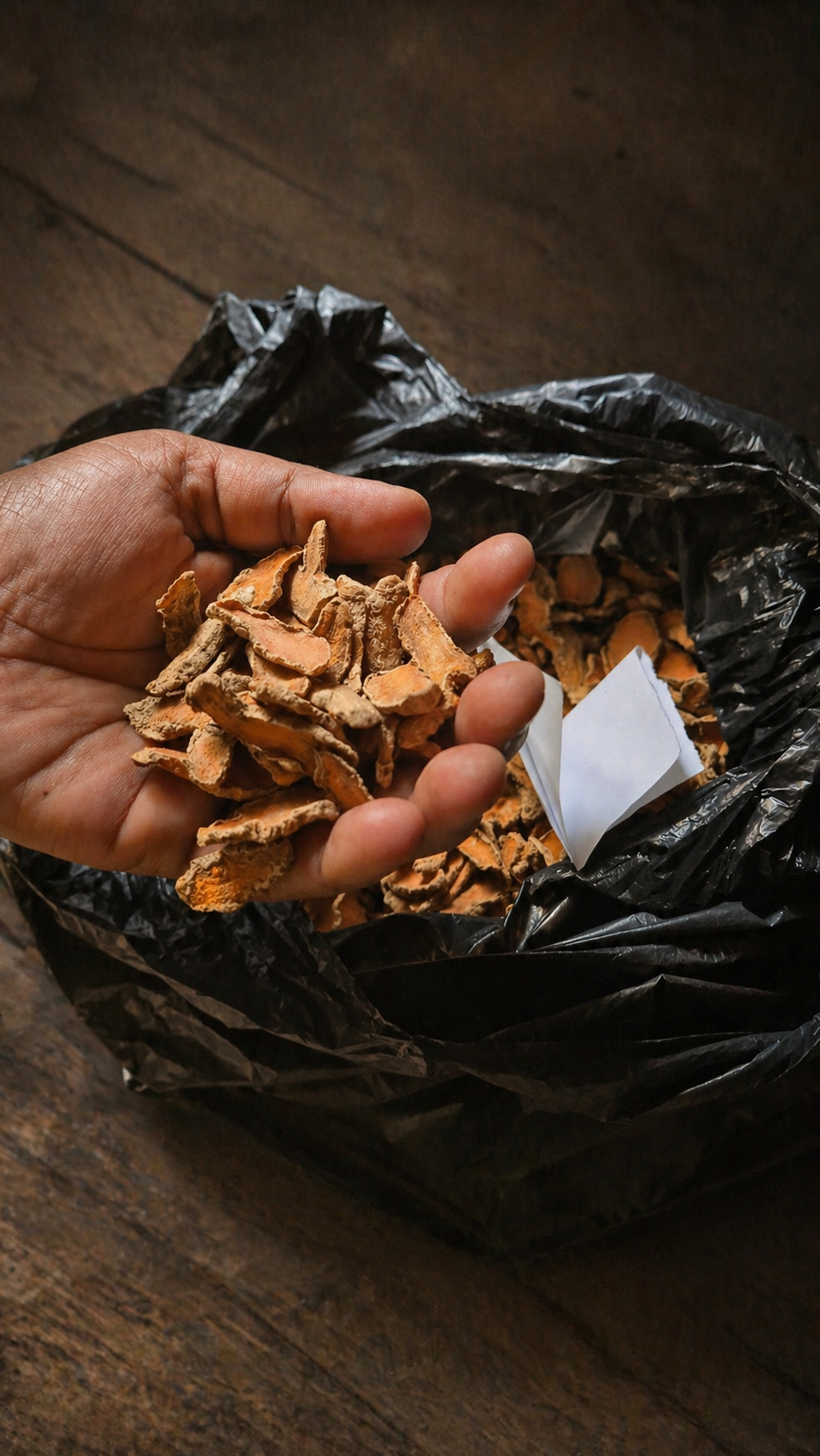 Sun-dried Lakadong turmeric slices before grinding
